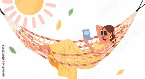 Relaxing Woman Reading Book In Hammock Under Sunny Sky On Summer Day