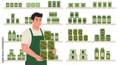 Shopkeeper Presenting Pickles in Jars and Canned Goods for Food Storage and Meal Prep Purposes