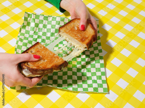 A cheese sandwich been pulled apart over a gingham tablecloth