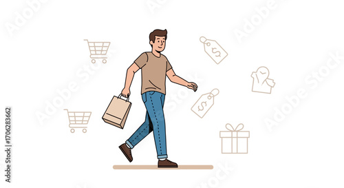 Shopping Adventure depiction with a man, cart, gift, labels and retail oriented design