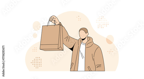 Shopping Experience Person Demonstrating Purchase In Modern Graphic Style Vector Illustration