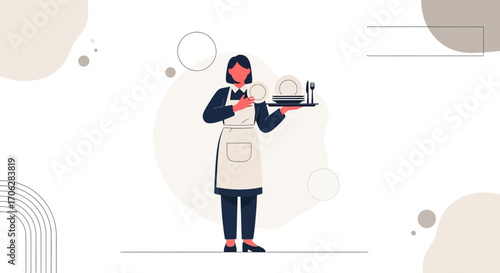 Restaurant Server Holding Tray With Dishware In Modern Minimalist Style, Vector Illustration