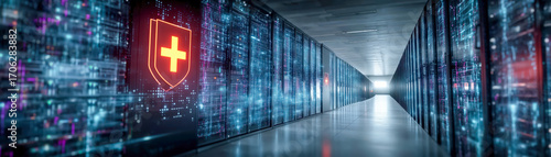 Futuristic data center corridor with digital elements and Swiss emblem.