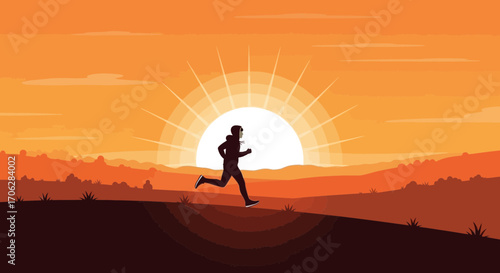 Silhouette Runner Embracing Sunrise Over Hilly Terrain For A Motivational Athletic Design