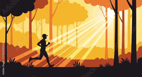 Silhouette Runner in Forest Sunny Morning, Healthy Lifestyle, Dynamic Nature Illustration