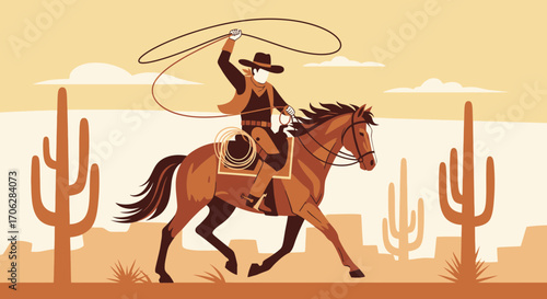 Riding Cowboy Lassoing Amidst Southwestern Landscape Depicts Traditional Wild West Lifestyle