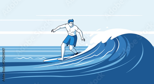 Riding The Wave: Surfer Balancing on a Board, Enjoying the Seaside Sport Lifestyle