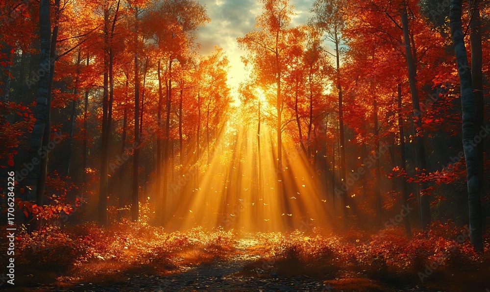 Fototapeta premium Autumnal Forest Path Bathed in Golden Sunlight with Falling Leaves and Haze