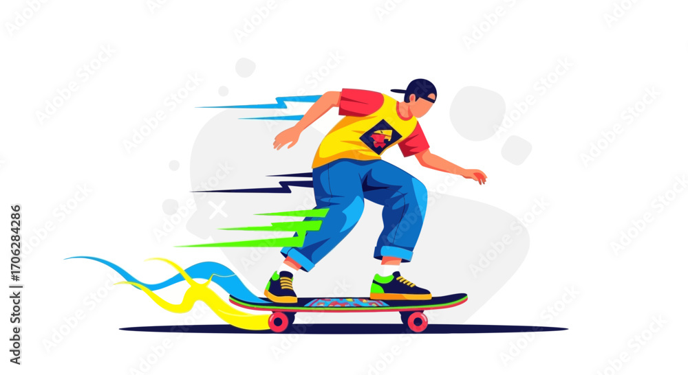 Fototapeta premium Skateboarder Demonstrating Skill and Speed in a Dynamic Flat Vector Illustration Design