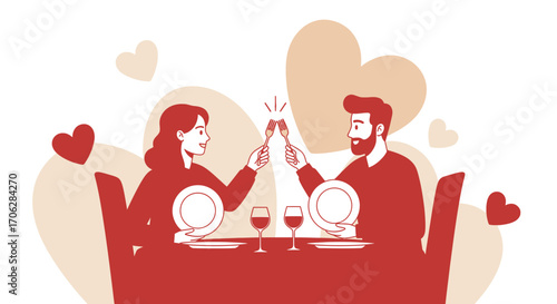Romantic Dinner Celebration Illustrated With Sweetheart Toasting And Happy Embrace