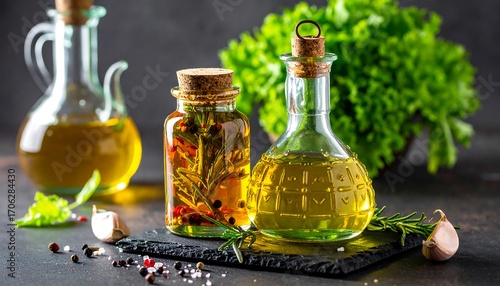 Aromatic olive oils and herbs on a dark surface