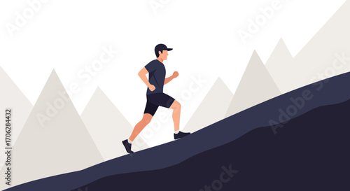 Runner Ascending a Slope Towards Success with Mountainous Background Vector Illustration