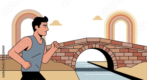Runner Crossing Stone Bridge, Running Outdoors and Staying Active in a Scenic Location