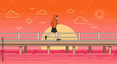Runner Enjoying Early Morning Jogging Over a Wooden Pier at Sunset With Stunning Views
