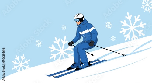 Skier Carving Downhill in Wintery Scene Surrounded by Falling Snowflakes and Fresh Slopes