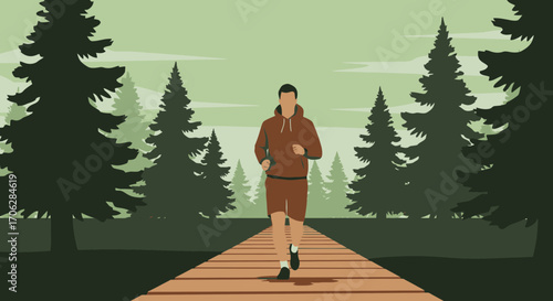 Runner Energetically Making Speed While Crossing A Wooden Bridge Surrounded By Trees