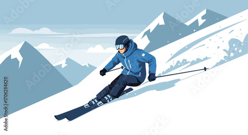 Skier Gleefully Carving Down A Snowy Mountain Slope With Serene Winter Landscapes