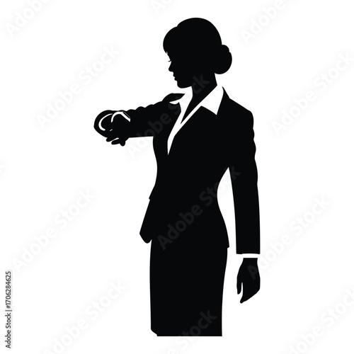 Silhouette of business woman checking wristwatch time management professionalism elegant formal wear silhouette