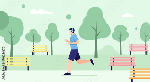Runner Enjoying Music During Workout At The Park With Benches And Greenery