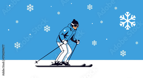 Skier Gliding Down The Snowy Slopes Amidst Falling Snowflakes In Winter Season