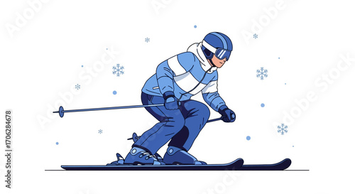 Skier Gliding Downhill With Snowflakes, Capturing Snowy Landscapes With Style