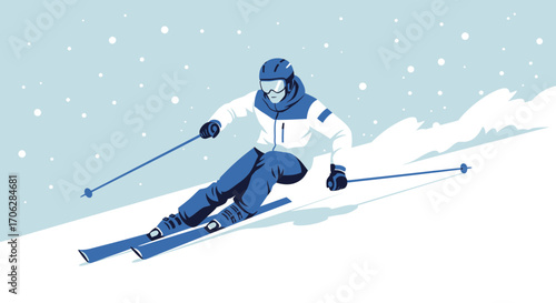 Skier Gliding Down Snowy Slope Amidst Falling Snow, Winter Sport Illustration