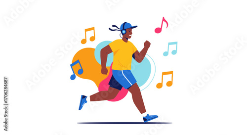 Runner Enjoying Music During Exercise In Stylish Illustration With Decorative Elements