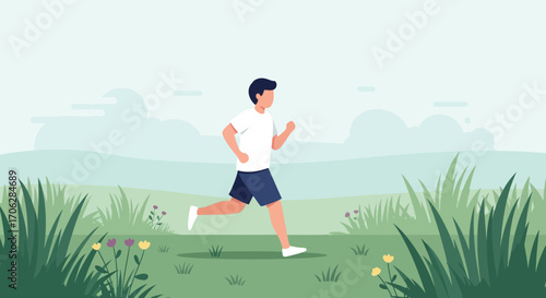 Runner Enjoying The Natural Scenery With Green Grass And Cloudy Background