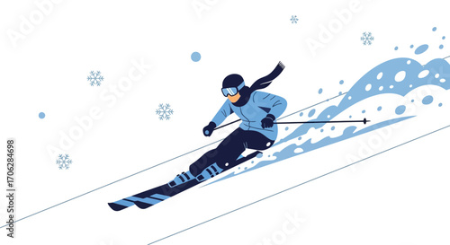 Skiing Downhill In Snowy Conditions: A Vibrant And Modern Winter Illustration