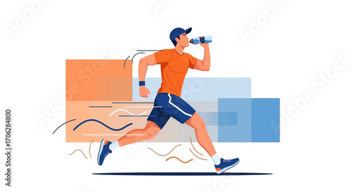 Runner Hydrating During Exercise in Modern Illustration Style With Vibrant Background