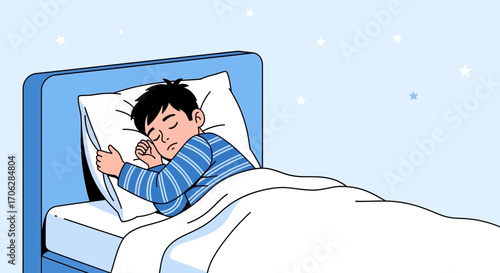 Sleeping Boy in a Comfortable Bed Under the Night Sky and a Peaceful Rest