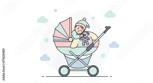 Sleeping Baby Relaxing In Stroller With Toy, Peaceful Child Resting Outdoor