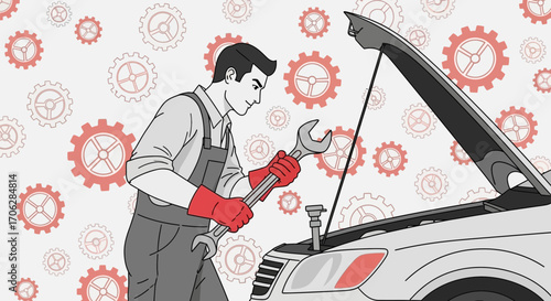 Skillful Mechanic Inspecting Car Engine With Wrench In Automotive Garage Setting