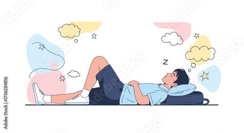 Sleeping Boy With Dreams And Thoughts Lying On The Floor In The Daydreaming State