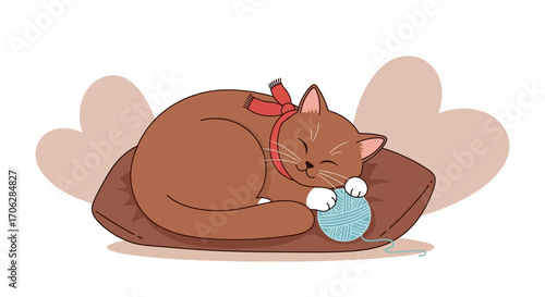 Sleeping Cat With A Ball Of Yarn And Heart Shaped Soft Pillows, Cute And Funny