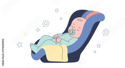 Sleeping Infant Resting Comfortably in Car Seat with Doodled Stars and Dialogue Bubbles