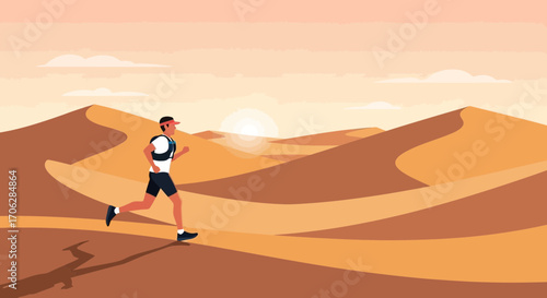 Runner In Desert, Endurance Test, Desert Landscape, Sunlit Silhouette, Isolated Sport, Healthy