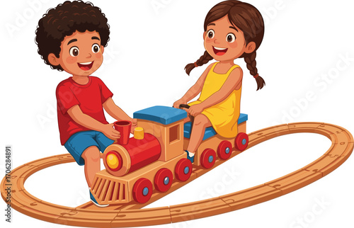 Happy boy and girl playing with wooden toy train set, children having fun, smiling kids, indoor playtime, colorful toys, childhood joy