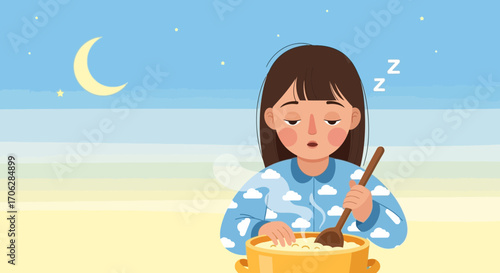 Sleeping Person Gently Cooking Food Under The Night Sky, Minimalist Illustration
