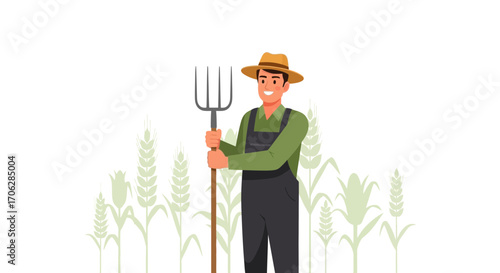 Smiling agricultural worker holding pitchfork amidst of crops, farming and harvest time illustration