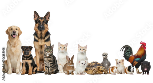 Wallpaper Mural Diverse domestic animals including dogs, cats, birds, and small farm animals, neatly lined in a pristine, bright white studio with soft lighting and copy space. Concept of animal harmony Torontodigital.ca