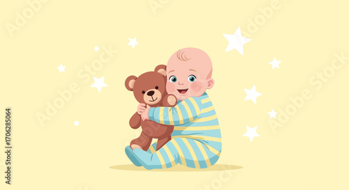 Smiling Baby Hugging Teddy Bear Surrounded By Starry Elements On Yellow Background.