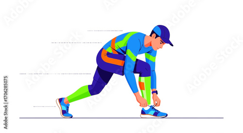 Runner Preparing To Run, Tying His Shoe Laces Before Beginning To Compete Or Exercise