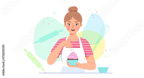 Smiling Baker Adorns a Cupcake with Sprinkles, Whisking Creativity into Deliciousness