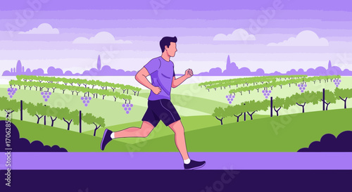 Runner Training In Vineyard Landscape, Exercise And Healthy Living In Nature