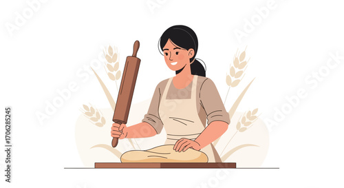 Smiling Baker Preparing Dough And Flour With Wheat Background For Bakery Illustration