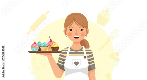 Smiling Baker Presenting Delightful Cupcakes on a Tray Depicting Home Baking
