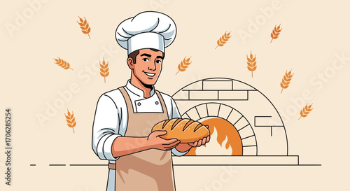 Smiling Baker Presenting Freshly Baked Artisan Bread in Front Of Oven, Illustration