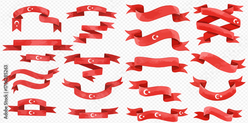 A collection of red watercolor ribbons and banners featuring the Turkish crescent moon and star symbol in various decorative shapes.