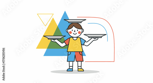 Smiling Boy Balancing Plates Skillfully, Colorful Illustration Over White Background